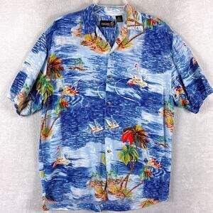 VTG Thums Up Hawaiian Shirt Mens L Blue Surf AOP Rayon Preppy Beach Aloha 80s